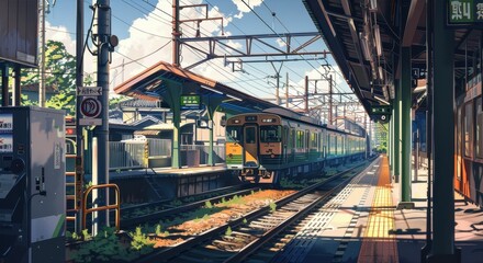 The train arrives at a lively anime-style station filled with light, showcasing detailed architecture and lush surroundings