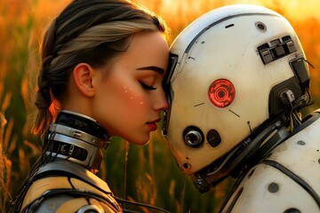 Poster - A young woman and a humanoid robot sharing a close intimate moment in a natural setting symbolizing the deepening relationship between humans and AI and the blending of organic and artificial life