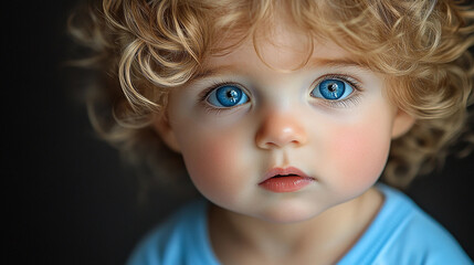 A curious child with curly hair and striking blue eyes looks directly at the camera in a softly lit indoor setting