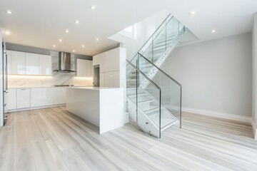 Wall Mural - A contemporary basement renovation showcases a bright white kitchen with sleek finishes and a striking glass staircase illuminated by natural light