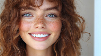 A cheerful young woman displays her radiant smile, showcasing her curly red hair and freckles in a well-lit indoor space