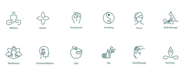 Poster - Vector Icons Set: Meditation, Holistic, Strong Heart, Yang Wand, Sauna, Body Massage, Mindfulness, Emotional Well-being, Diet, Spa, Head Massage