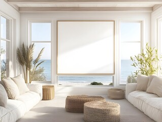 Fototapete - A 3D rendered mockup of a bright and airy Hamptons style beach house interior with a white background frame coastal decor natural textures and panoramic ocean views through large windows