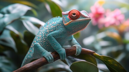 Wall Mural - Close-up of a vibrant blue chameleon perched on a branch