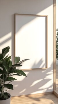 A 3D rendered mockup of a delicate white frame set against a natural daylit Japandi inspired minimalist interior backdrop  The serene and balanced ambiance creates a tranquil