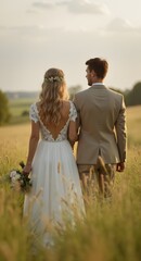 Bride and groom walking in the park, back view of Young wedding couple on summer meadow, vertical orientation.