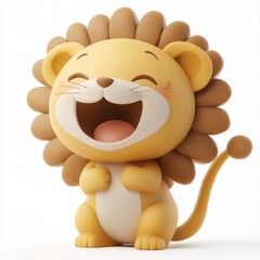 A cute cartoon lion, laughing happily with closed eyes and mouth open on a white background,