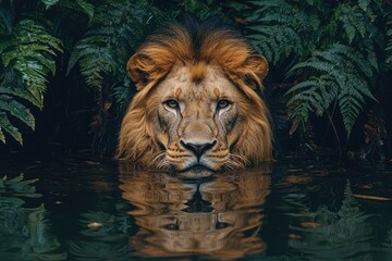 Majestic lion partially submerged in water, surrounded by lush green foliage