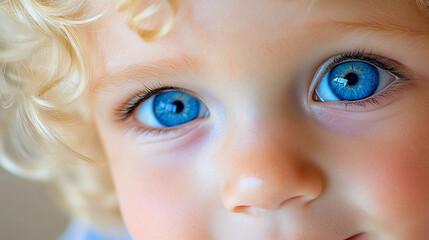 a child with curly hair and striking blue eyes smiles, radiating joy and innocence in a softly lit e