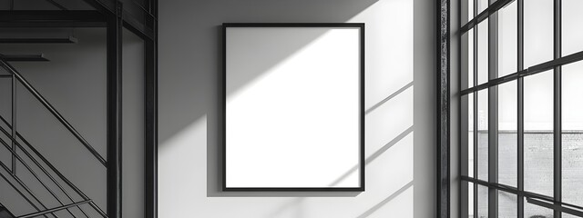 Fototapete - A 3D rendered mockup of a minimalist white background frame inside a modern loft featuring an industrial steel frame design high contrast black and white photography dramatic window lighting