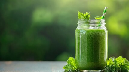 Green smoothie in a glass jar, healthy and refreshing drink, nutritious breakfast concept