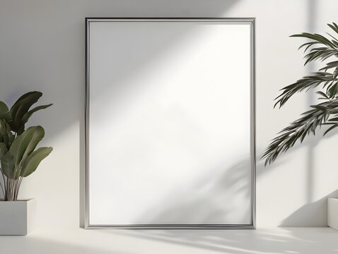 A 3D rendered mockup of a sleek and minimalist white background frame set in an airy loft style studio