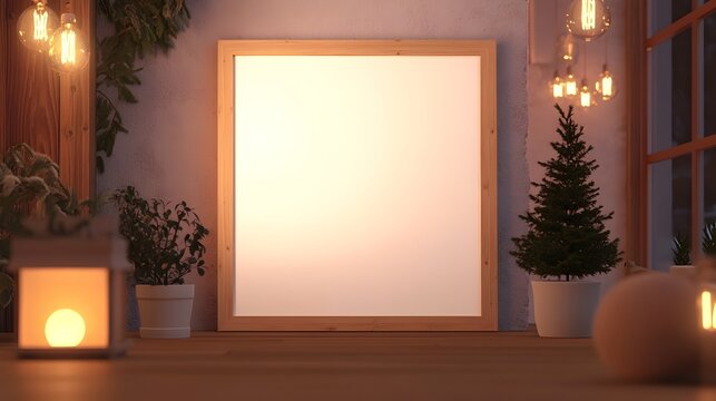 A 3D rendered mockup of a simple white wooden frame set against a warm and cozy Scandinavian inspired interior  The frame is displayed in a minimalist hygge style setting with ambient lighting