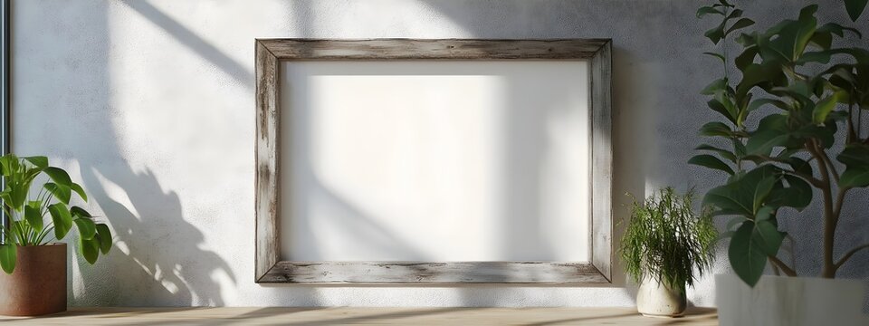 A 3D rendered mockup of a weathered and distressed white wood frame in a cozy cottage like interior setting  The soft diffused daylight creates a calming