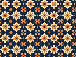 A star pattern featuring blue, yellow, and orange hues, designed in a minimalist textile style with neo-classicist symmetry. The pattern combines simplicity with classical balance to create a striking