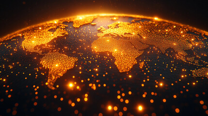 The Earth is depicted with glowing golden lights highlighting cities and continents against a dark background, showcasing a nighttime perspective