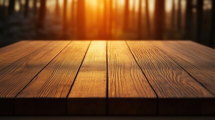 A beautiful wooden tabletop illuminated by warm sunset light in a serene forest setting, perfect for presentations and displays.