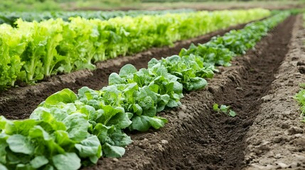 Rows of vibrant green organic vegetables growing in neat well tended beds on a sunny day in a picturesque countryside landscape  Ideal for agriculture farming and eco friendly lifestyle concepts