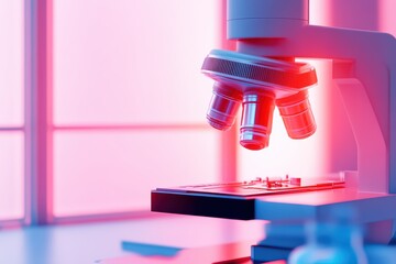 Poster - close-up of a microscope with vibrant lighting, showcasing scientific exploration and innovation in 