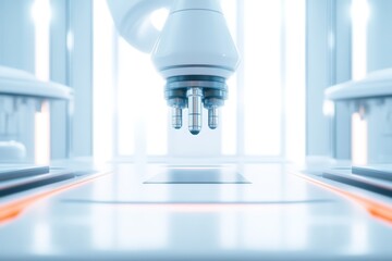Poster - Close-up of a robotic arm in a clean lab, ready to perform precision tasks with advanced microscopy technology.