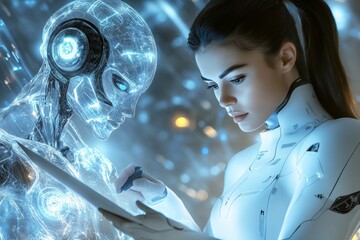 Poster - Female cyborg and a humanoid robot closely interacting in a futuristic digital setting symbolizing the complex relationships and evolving dynamics between different AI entities in a high tech world