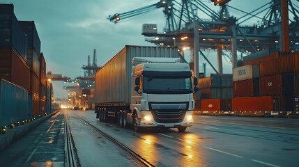 Poster - Container truck in ship port for business Logistics and transportation of Container Cargo ship and Cargo plane with working crane bridge in shipyard logistic import export and transpor : Generative AI