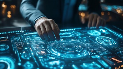 Fototapete - Ai Businessman working with modern interface Business analytics Big data technology and data science Data flow conceptBusiness computing digital composite : Generative AI