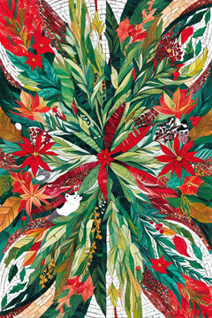 mosaic illustrations depicting flora and fauna in Christmas celebrations