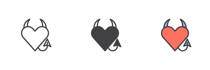 Sticker - Heart with horns and a tail different style icon set