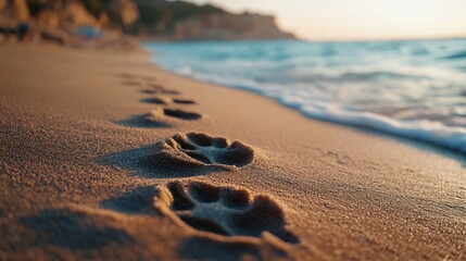 Poster - Dogs footprint on the beach Dog paw prints on the sand loneliness concept footprints in the sand of a beach near the ocean : Generative AI