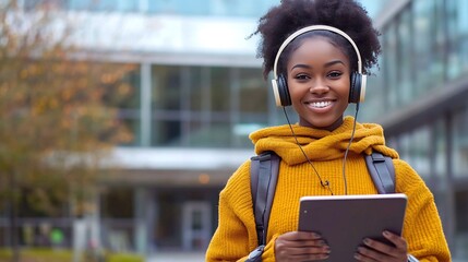 ELearning Happy Black Woman Student Using Tablet Computer Wearing Headphones Standing Near Modern University Building Outside Browsing Internet Outdoors Modern Online Education Copy Sp : Generative AI