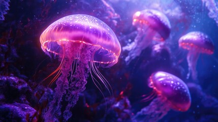 Poster - purple jellyfish glowing underwater, ethereal and otherworldly, ocean life