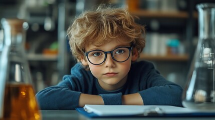 Aufkleber - Portrait science and writing with boy student in laboratory for education experiment or research Glasses notebook and school with confident child at desk for breakthrough discovery or  : Generative AI