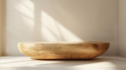 Poster - Wooden Bowl on a Minimalist White Platform with Sunlit Wall