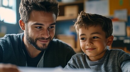 Aufkleber - Teacher helping latin boy with assignment in elementary school classroom support scholarship and educator aid explaining or helping male learner in class : Generative AI