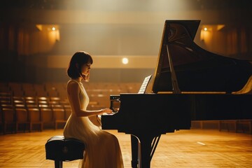 young asian woman pianist playing grand piano on stage