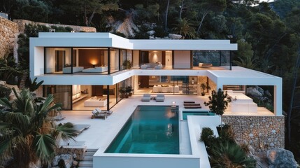 Poster - Modern luxury villa overlooking tropical forest with infinity pool