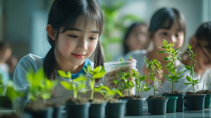 Aufkleber - Science students and curious of plants children and teacher with container of sample of nature Classroom woman and kids with observation on table learning and growth with development i : Generative AI