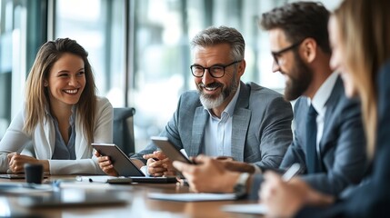 Fototapete - Happy business people and meeting with tablet in office for communication of company strategy and goals Smile corporate group and discussion with technology in boardroom for training i : Generative AI