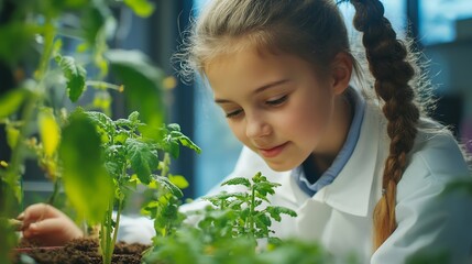 Aufkleber - Smart Boys and Talented Girls Experimenting with Growing Crops and Testing Different Nutrition Additives Young Teacher Helping Elementary School Pupils with Biology and Chemistry Class : Generative AI
