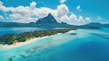 Wall Mural - Aerial view of motu tapu with lush green tropical island and palm trees, bora bora, french polynesia