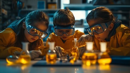 Aufkleber - Elementary School Students Sitting Behind a Table in a Group Conducting a Biology Experiment for a Science and Technology Fair Young Boys and Girls Wearing Protective Clothes and Goggl : Generative AI