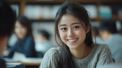 Aufkleber - university classroom diverse group of young students Asian collaborate study together sharing smiles and insights around desks exemplifying the joy of learning and friendship in higher : Generative AI