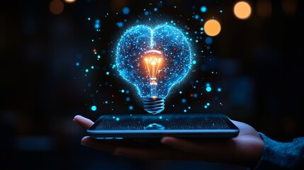 Aufkleber - Hand holding tablet with bulb for Artificial Intelligence or AI brain analysis informationTechnology and science conceptmachine learning systemHitech and futuristic world : Generative AI