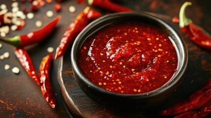 Wall Mural - Red chili sauce in a bowl, spicy and tangy, condiment for bold flavors