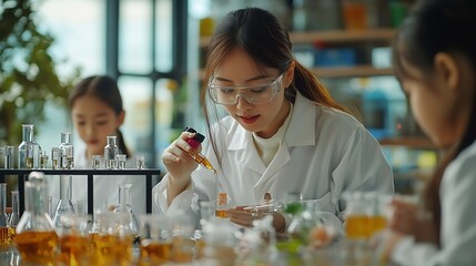 Aufkleber - Education learning or science with teacher and students at table in laboratory for experiment or reaction Classroom school or study with woman scientist and children at academy for dev : Generative AI