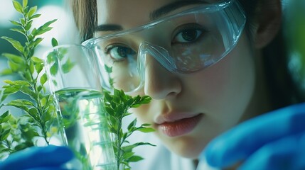 Fototapete - Young Scientist woman laboratory and test tube with plants research and analysis of leaves for ecology science expert health and care study of plant for pharma medicine or sustainable  : Generative AI