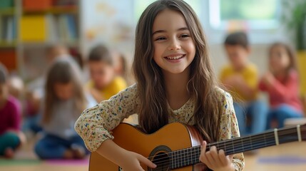 Poster - Caucasian young woman teacher playing guitar with students in school Adorable little children having fun enjoy education activity dance with instrument in classroom at preschool nurser : Generative AI