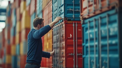 Poster - Business man arranging stack of freight containers on his table in office Logistics freight transportation and trading worldwide Imports export and international distribution concept : Generative AI