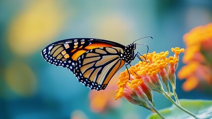 Wall Mural - Beautiful spring summer image of monarch butterfly on orange lantana flower against blue sky  on bright sunny day in nature macro : Generative AI